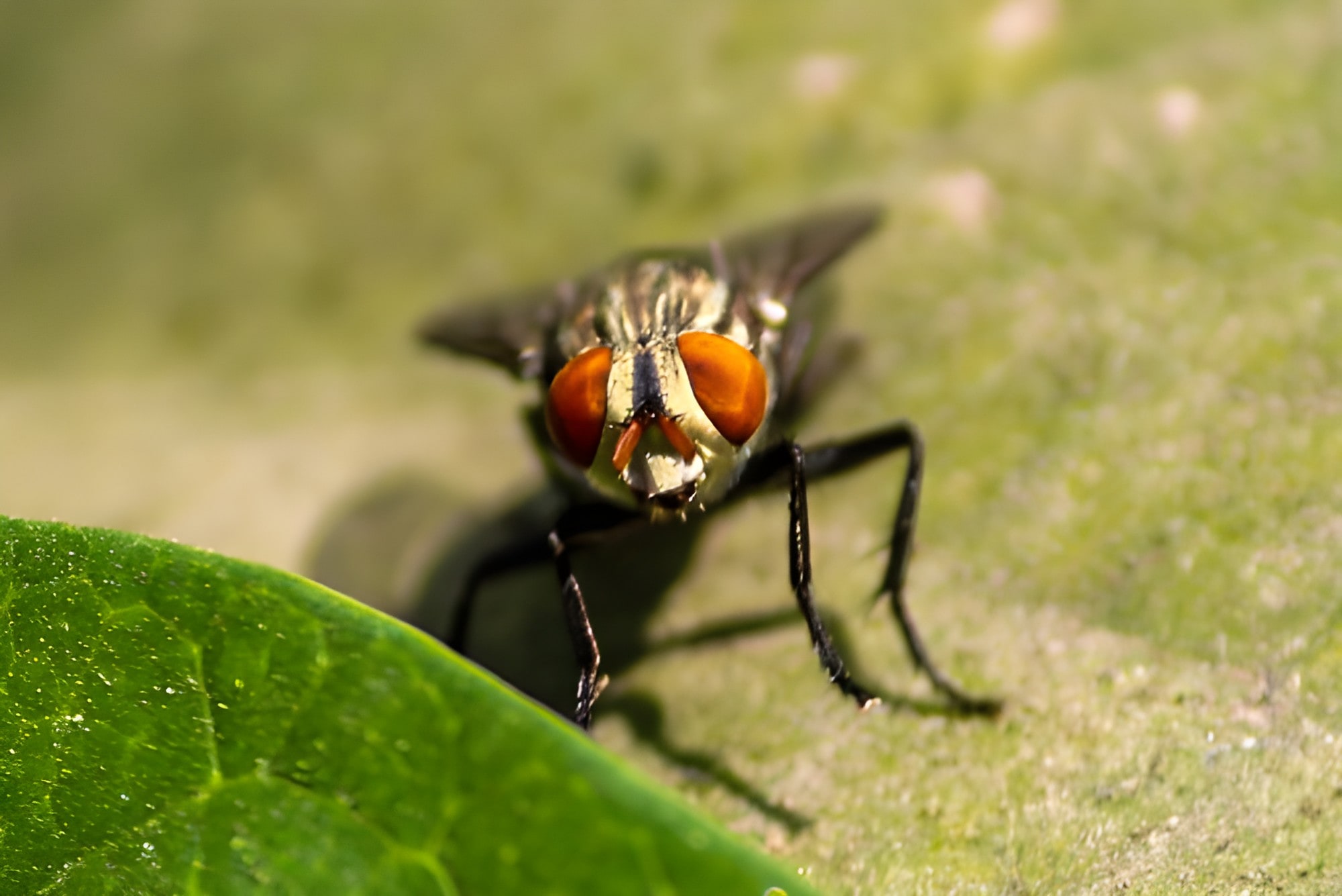 A macro shot of a fly perched on a green leaf