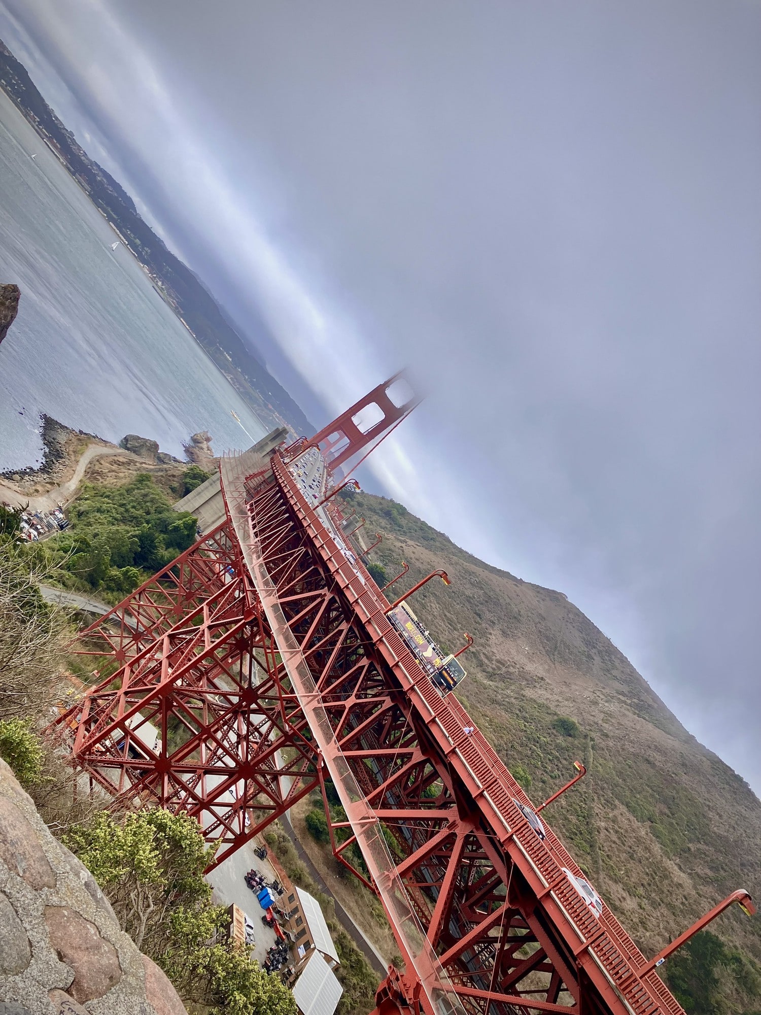 A dramatic upward angle on the Golden Gate Bridge's north tower